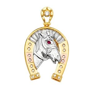 14K Tri Color Gold CZ Horse Shoe Pendant